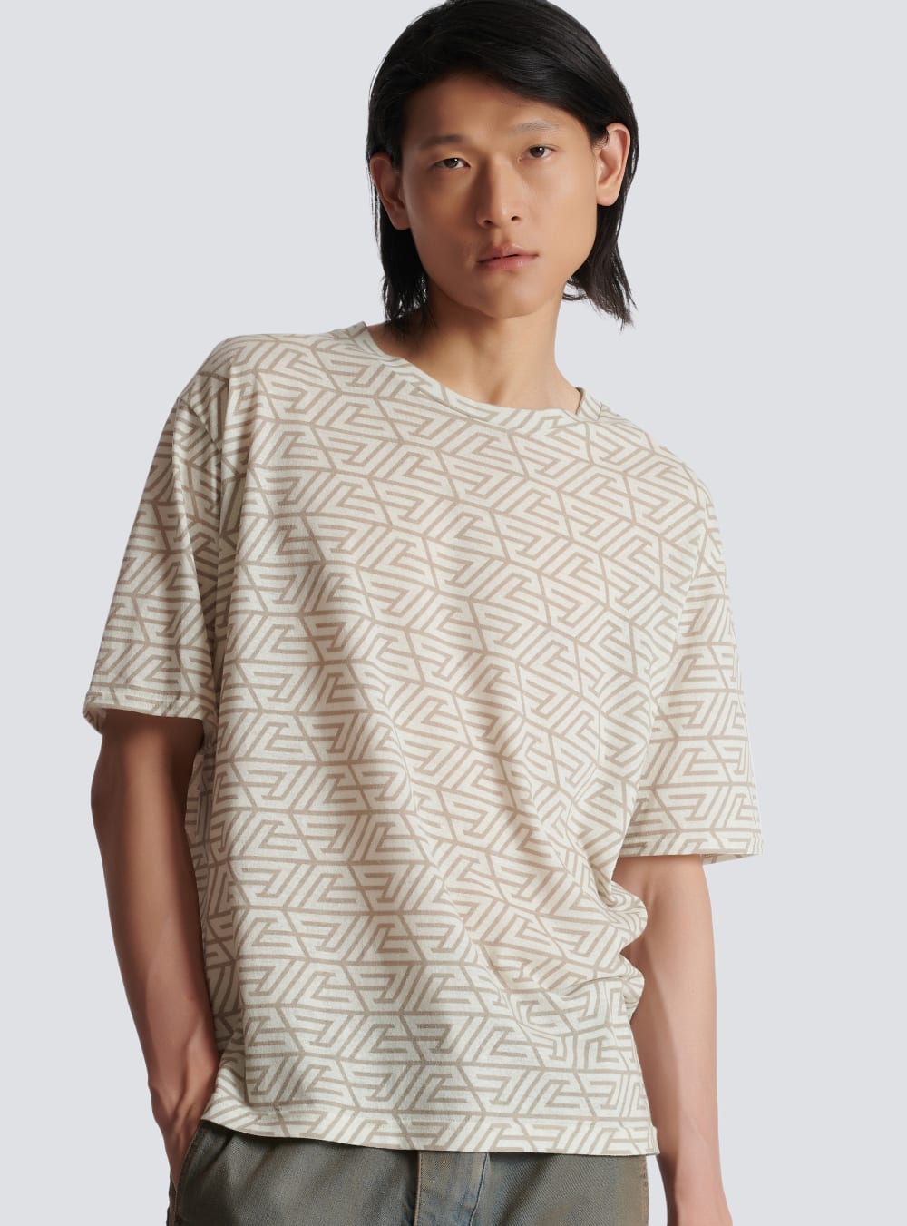 Men's Balmain Oversized Cotton With Printed Pyramid Monogram T Shirts Khaki | USA xbiyohpI