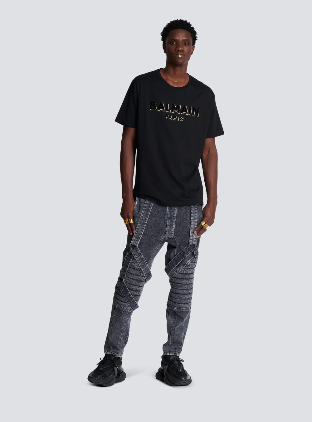 Men's Balmain Oversized Cotton With Textured Logo T Shirts Black | USA tfHO314V