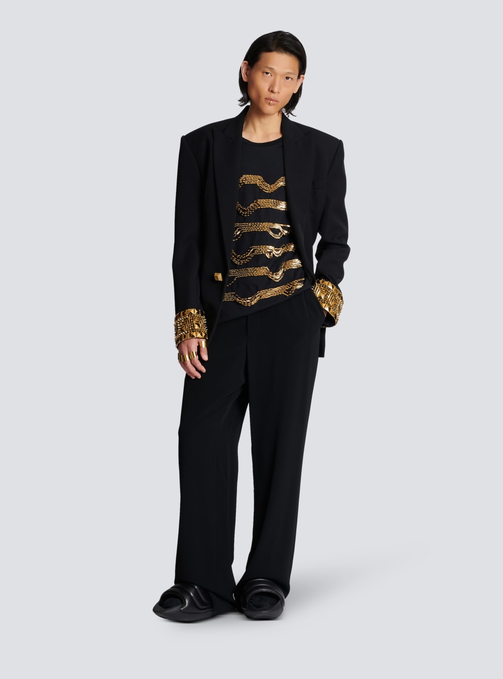 Men's Balmain Oversized Embroidered Cotton With Destroy Stripes T Shirts Gold | USA FdsSgoQg