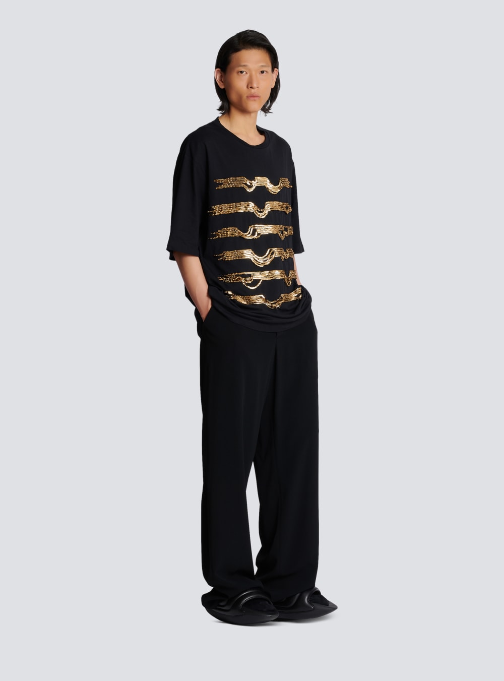 Men's Balmain Oversized Embroidered Cotton With Destroy Stripes T Shirts Gold | USA FdsSgoQg