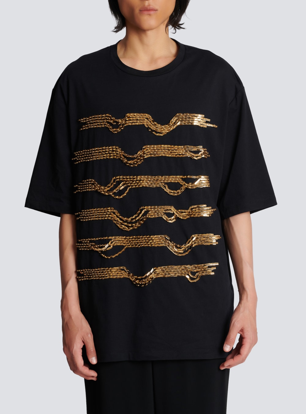 Men's Balmain Oversized Embroidered Cotton With Destroy Stripes T Shirts Gold | USA FdsSgoQg