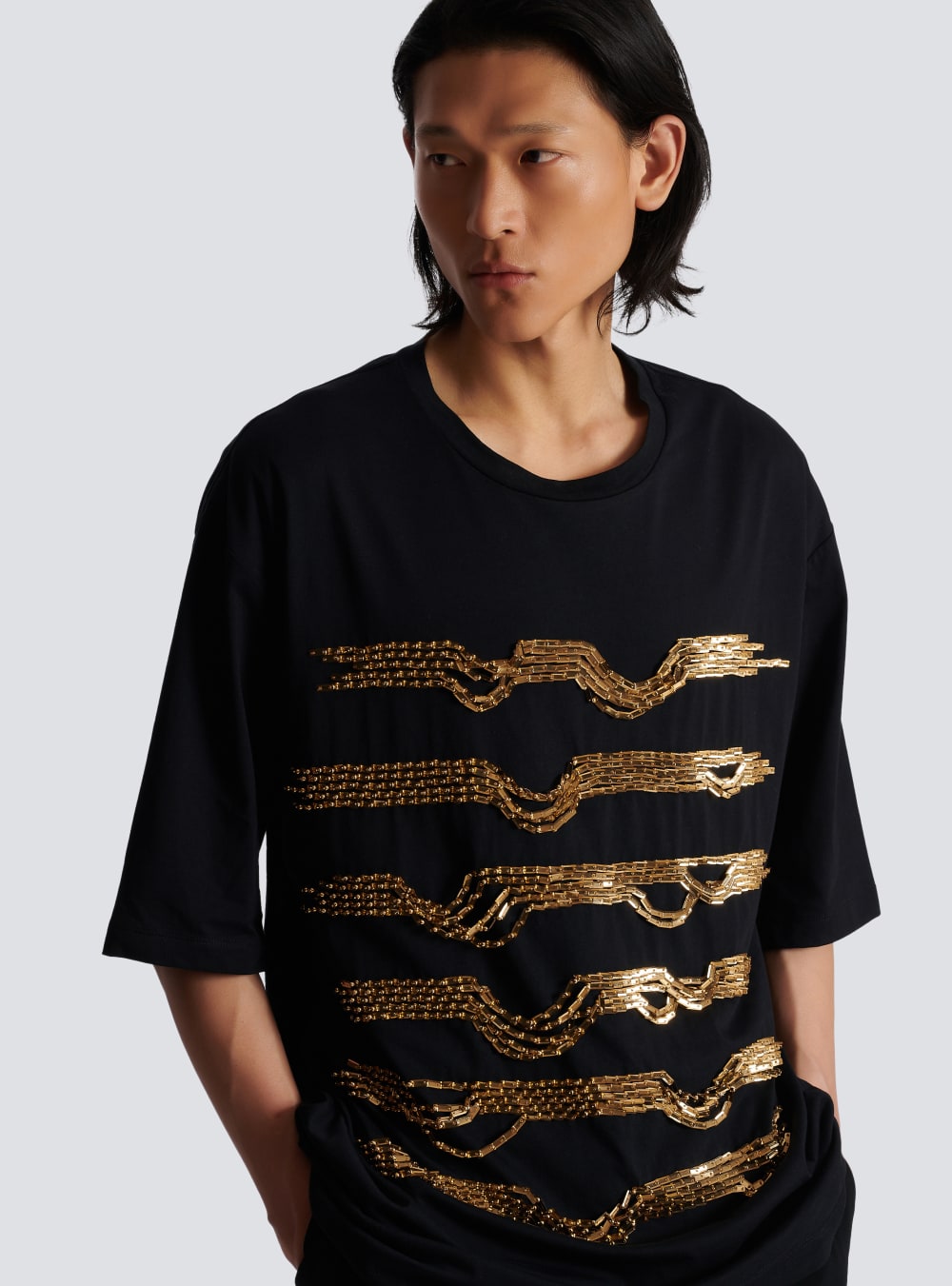 Men's Balmain Oversized Embroidered Cotton With Destroy Stripes T Shirts Gold | USA FdsSgoQg