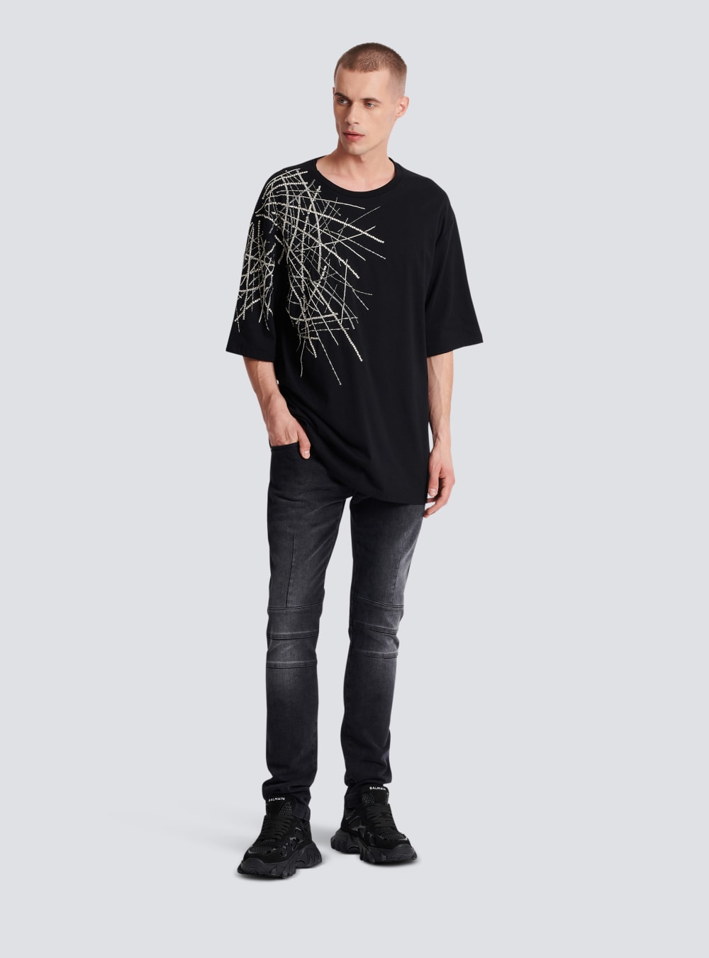 Men's Balmain Oversized Embroidered Jersey T Shirts Black | USA sR7YQNO2