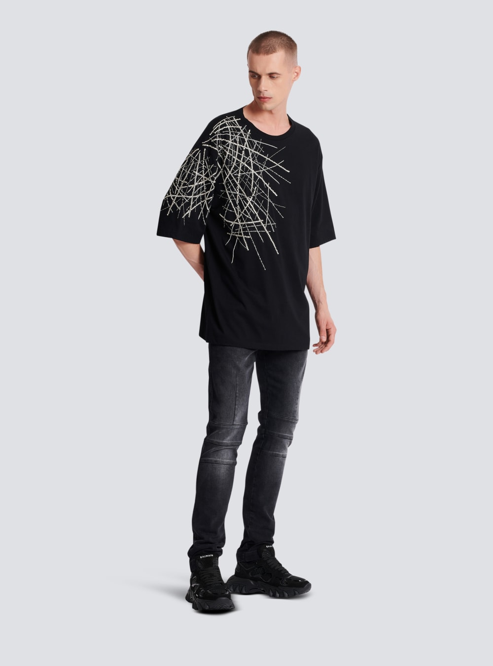 Men's Balmain Oversized Embroidered Jersey T Shirts Black | USA sR7YQNO2