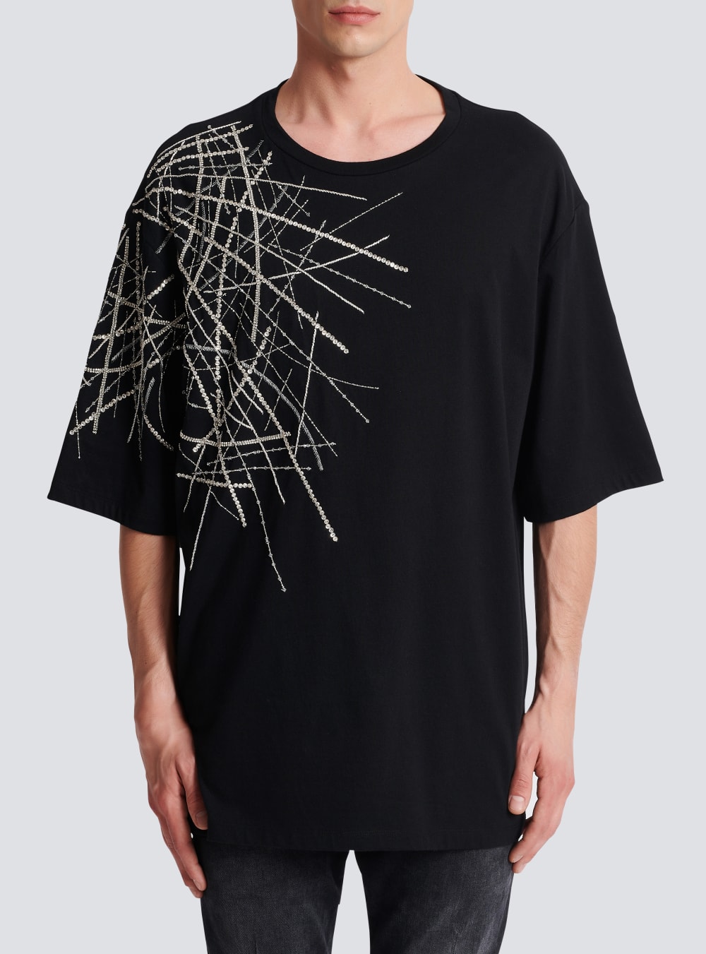 Men's Balmain Oversized Embroidered Jersey T Shirts Black | USA sR7YQNO2