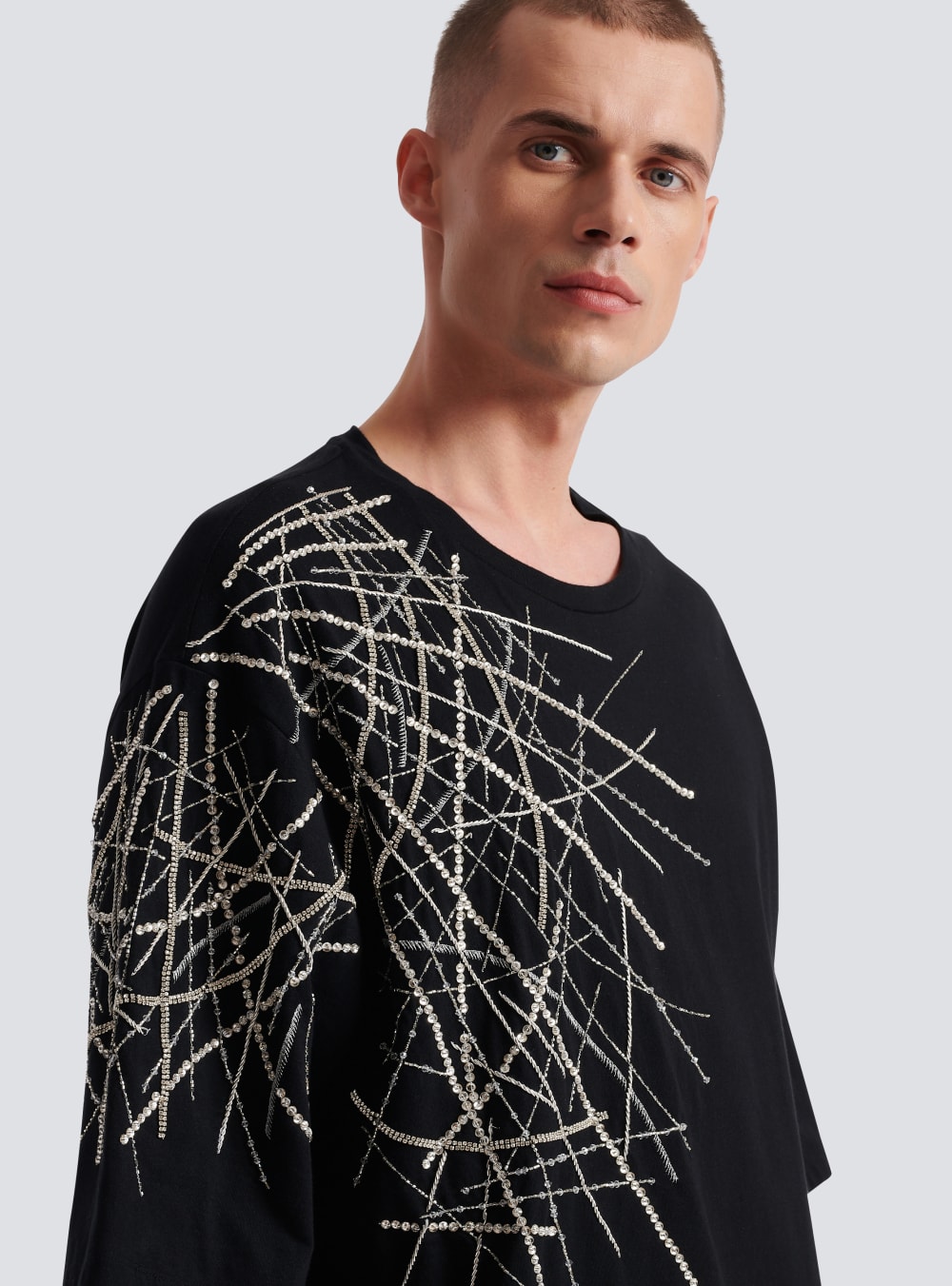 Men's Balmain Oversized Embroidered Jersey T Shirts Black | USA sR7YQNO2