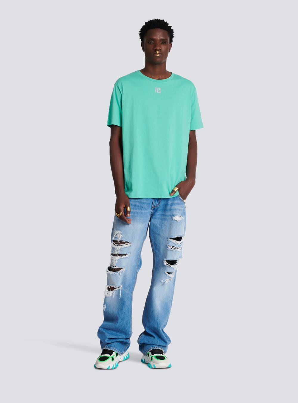 Men's Balmain Oversized In Eco-responsible Cotton With Reflective Maxi Logo Print T Shirts Blue | USA sQKqWT80