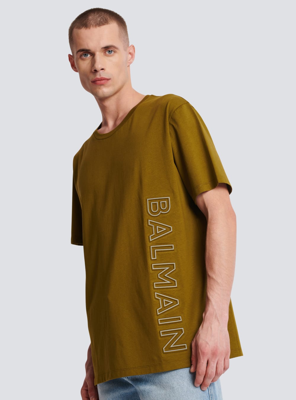 Men's Balmain Oversized In Eco-responsible Cotton With Reflective Logo T Shirts Khaki | USA uDoRz66V