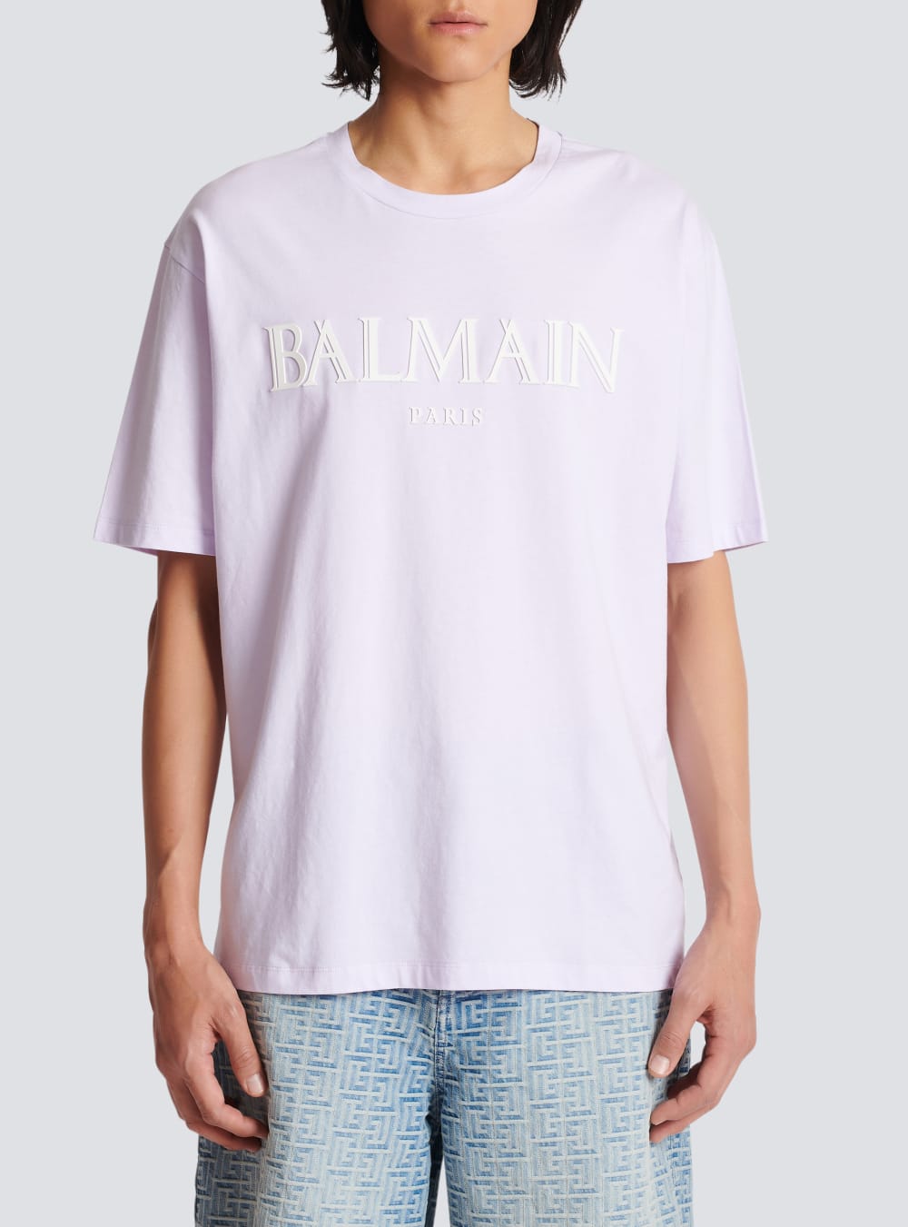 Men's Balmain Oversized With Rubber Roman Logo T Shirts Purple | USA VpmglrOm