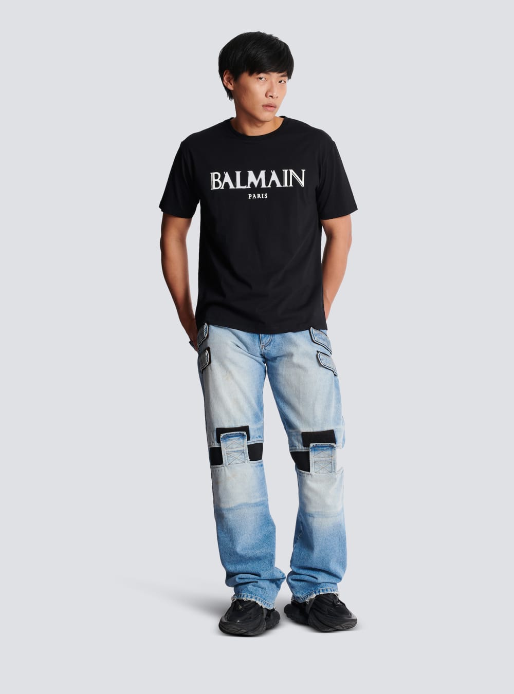 Men's Balmain Oversized With Rubber Roman Logo T Shirts Black | USA ltAMdsyb