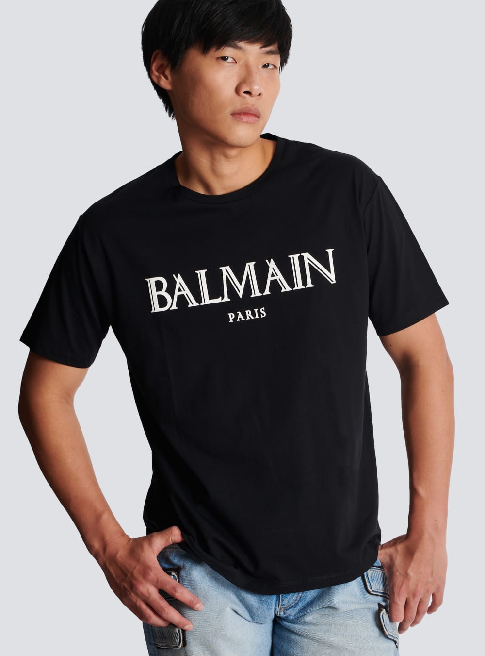 Men's Balmain Oversized With Rubber Roman Logo T Shirts Black | USA ltAMdsyb