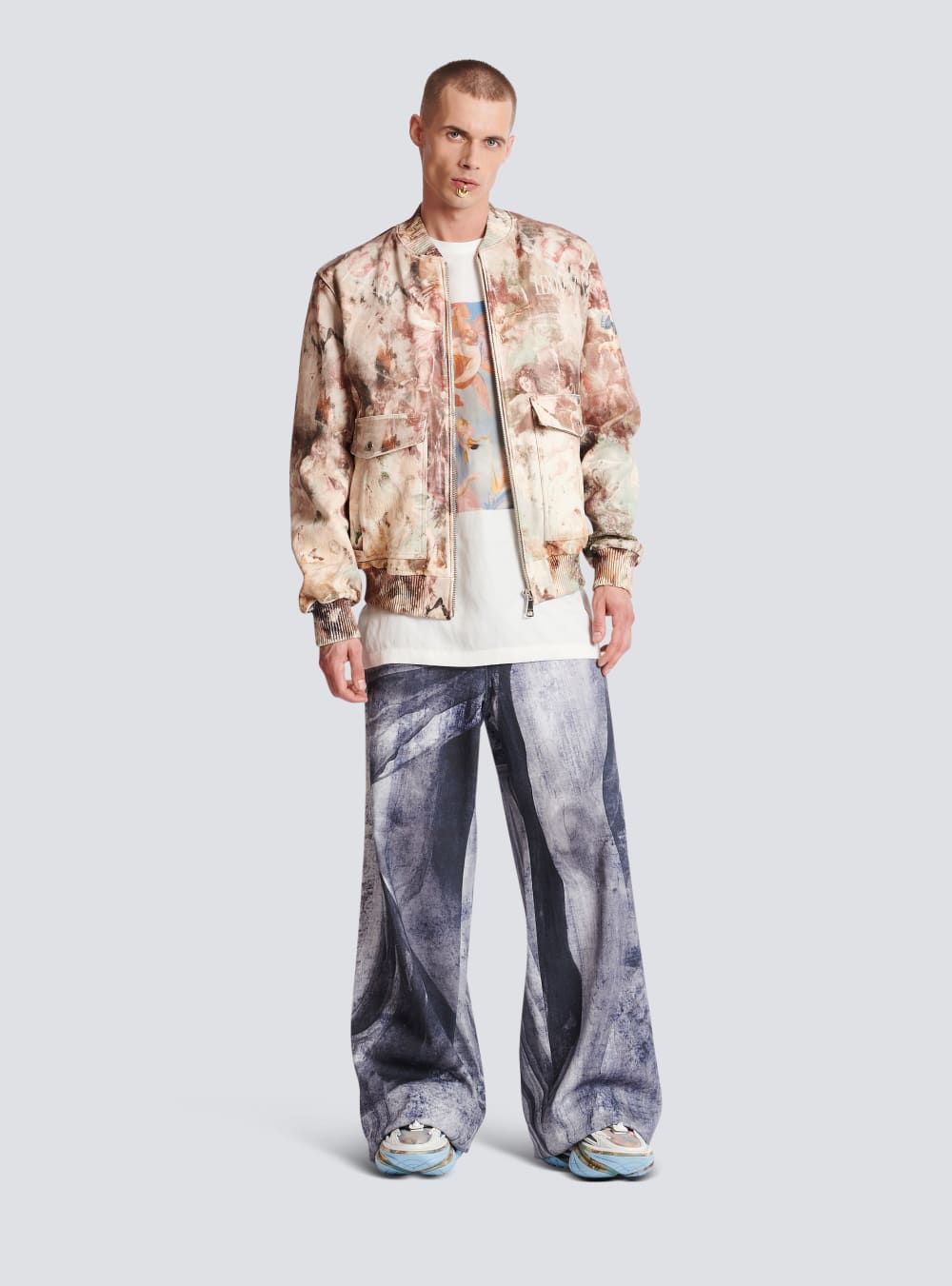 Men's Balmain Pastel Print Leather Bomber Jackets Multicolor | USA hAdPIsoD