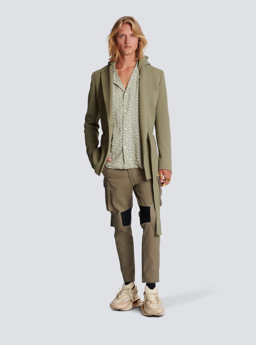 Men's Balmain Shirt With Printed Pyramid Monogram Shirts Khaki | USA EsXUvXha