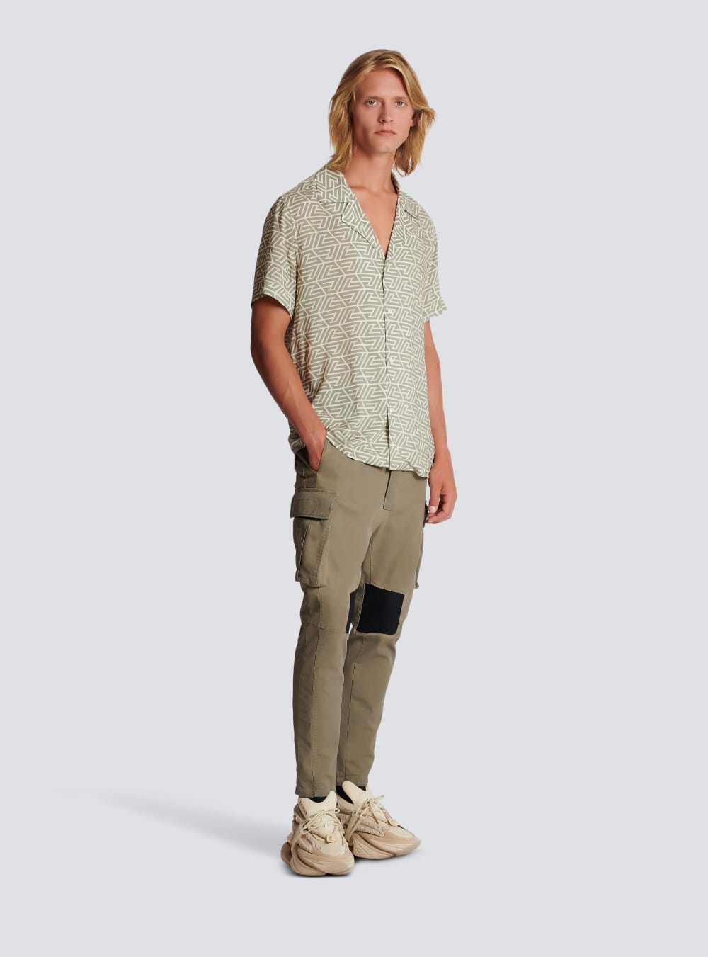 Men's Balmain Shirt With Printed Pyramid Monogram Shirts Khaki | USA EsXUvXha