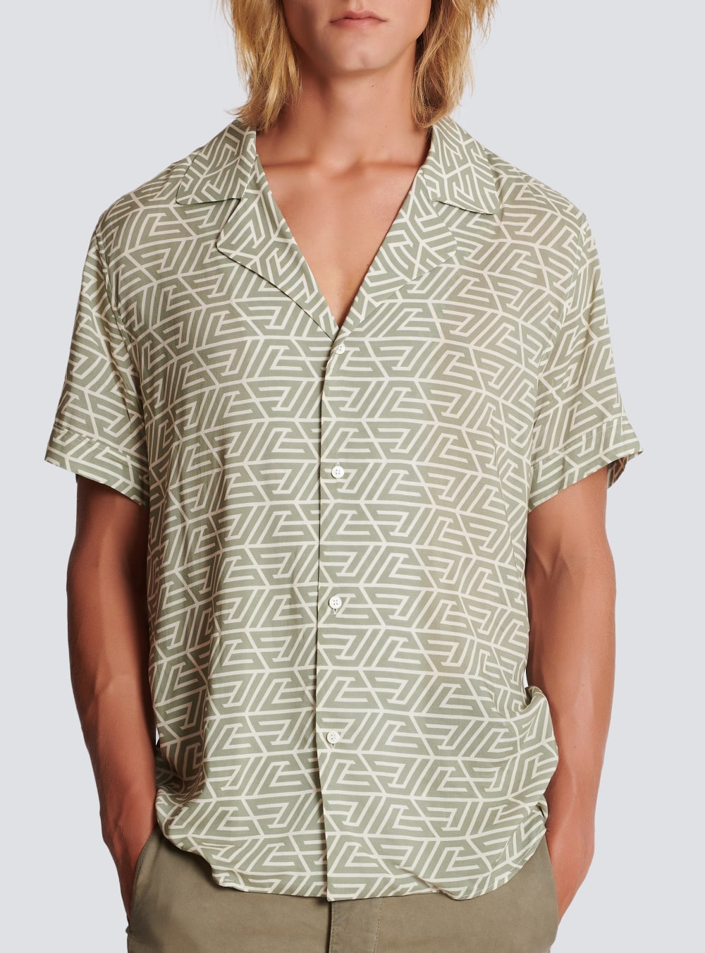 Men's Balmain Shirt With Printed Pyramid Monogram Shirts Khaki | USA EsXUvXha