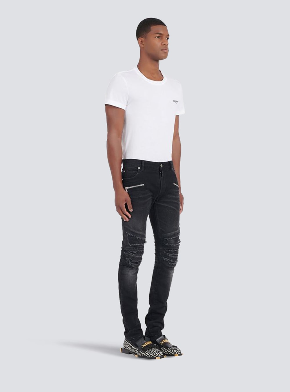 Men's Balmain Slim Cut Ripped Cotton Jeans Black | USA MCPm3H5J