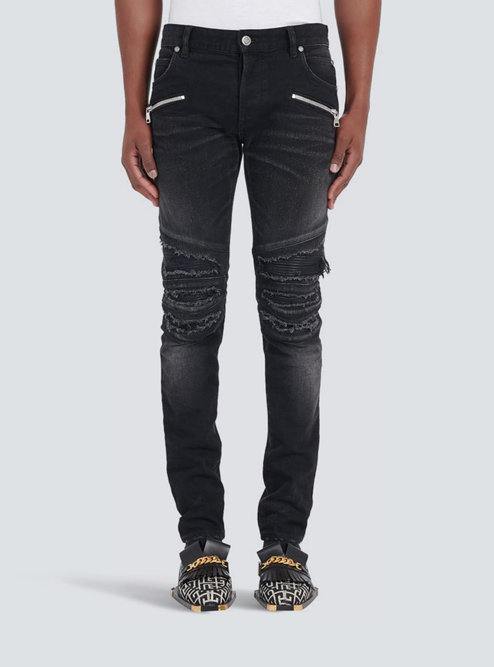 Men's Balmain Slim Cut Ripped Cotton Jeans Black | USA MCPm3H5J