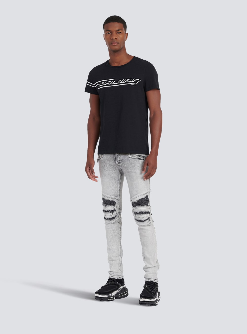 Men's Balmain Slim Cut Ripped Cotton With Synthetic Leather Panels Jeans Grey | USA 5wLXedta