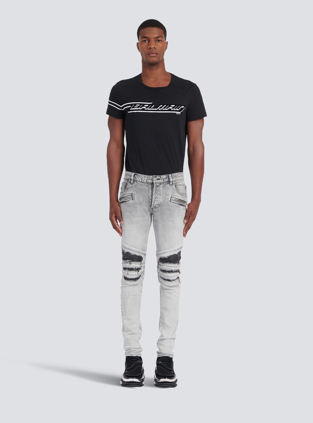 Men's Balmain Slim Cut Ripped Cotton With Synthetic Leather Panels Jeans Grey | USA 5wLXedta