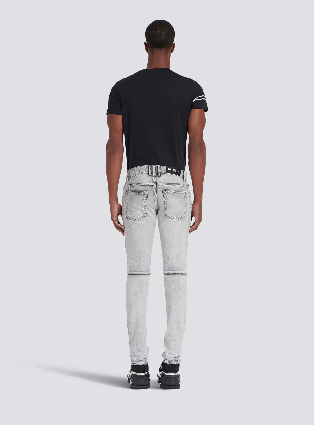 Men's Balmain Slim Cut Ripped Cotton With Synthetic Leather Panels Jeans Grey | USA 5wLXedta