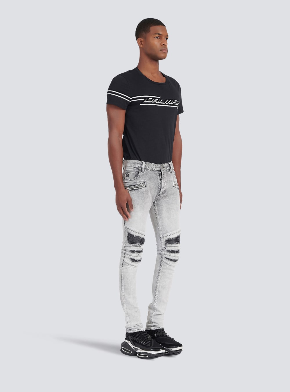 Men's Balmain Slim Cut Ripped Cotton With Synthetic Leather Panels Jeans Grey | USA 5wLXedta