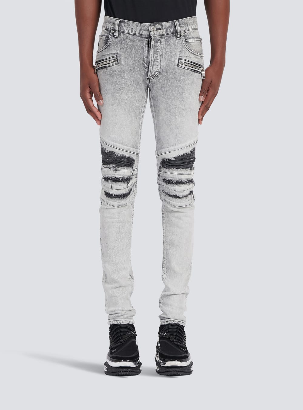 Men's Balmain Slim Cut Ripped Cotton With Synthetic Leather Panels Jeans Grey | USA 5wLXedta