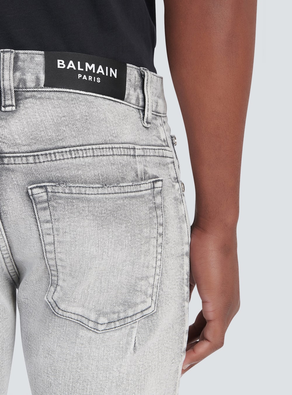 Men's Balmain Slim Cut Ripped Cotton With Synthetic Leather Panels Jeans Grey | USA 5wLXedta