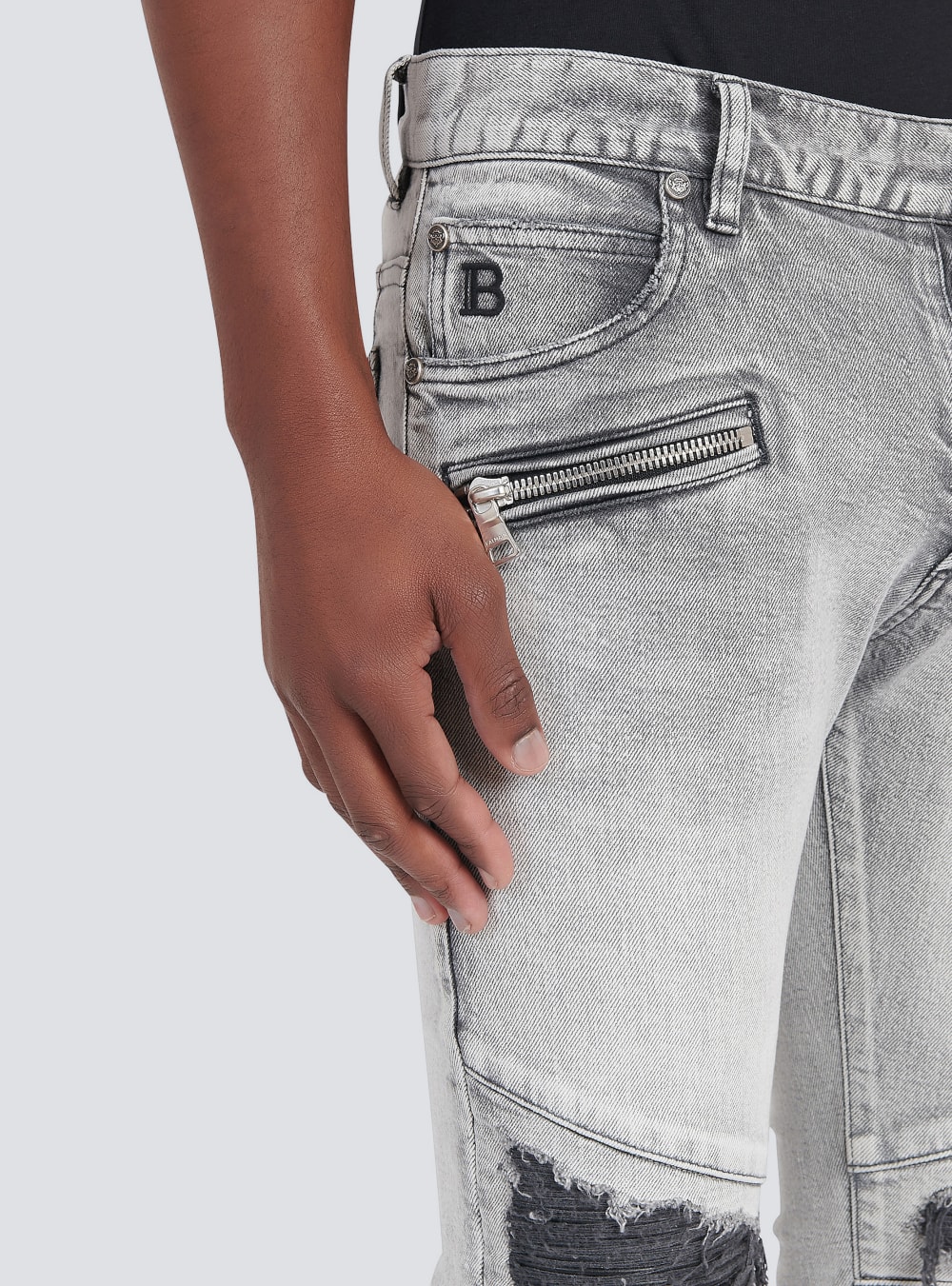 Men's Balmain Slim Cut Ripped Cotton With Synthetic Leather Panels Jeans Grey | USA 5wLXedta