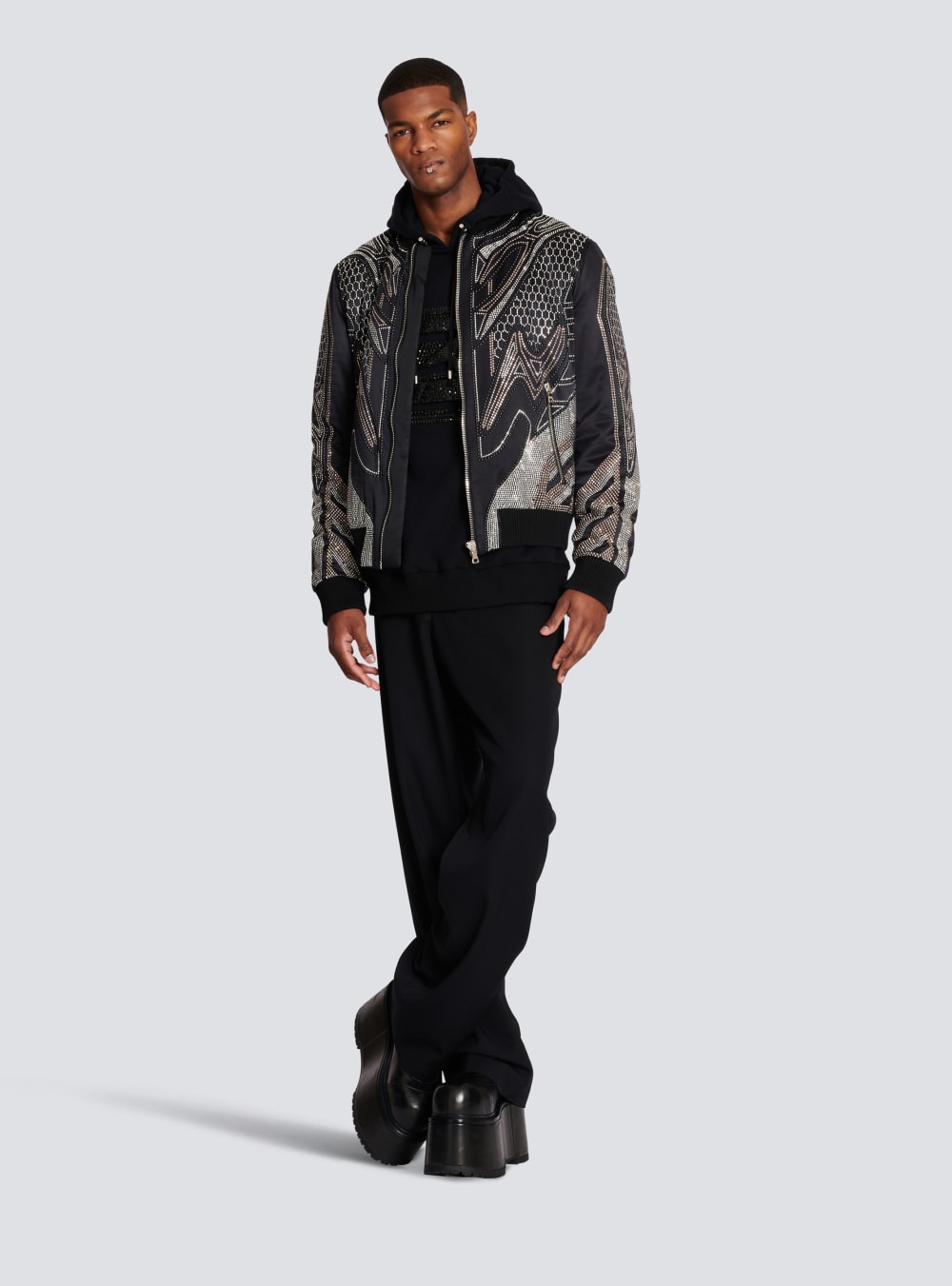 Men's Balmain Studded Nylon Bomber Jackets Black | USA DWqetdgm