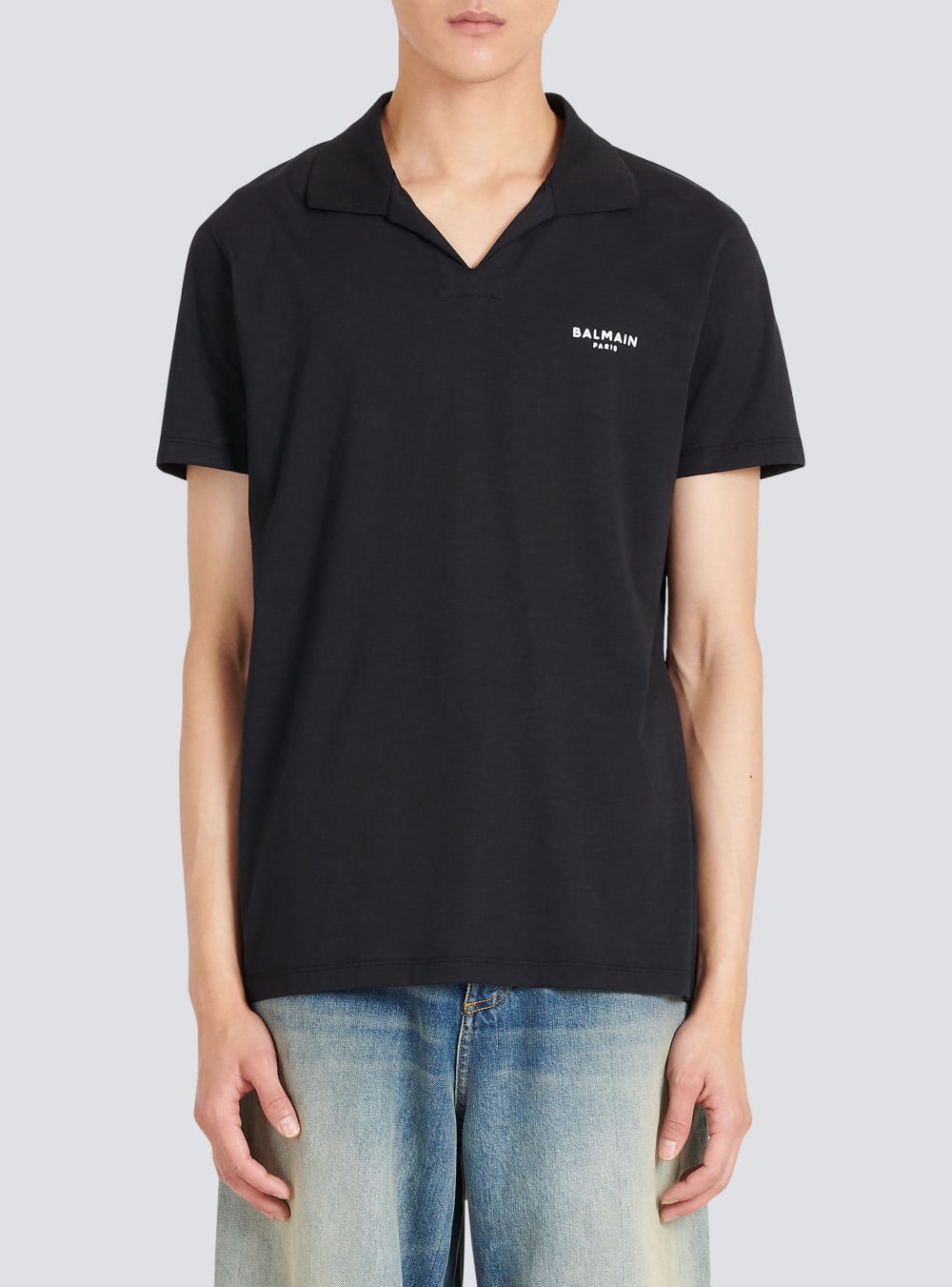 Men's Balmain Sustainable Cotton Polo With Small Velvet Paris Logo Shirts Black | USA 2duZ70qq