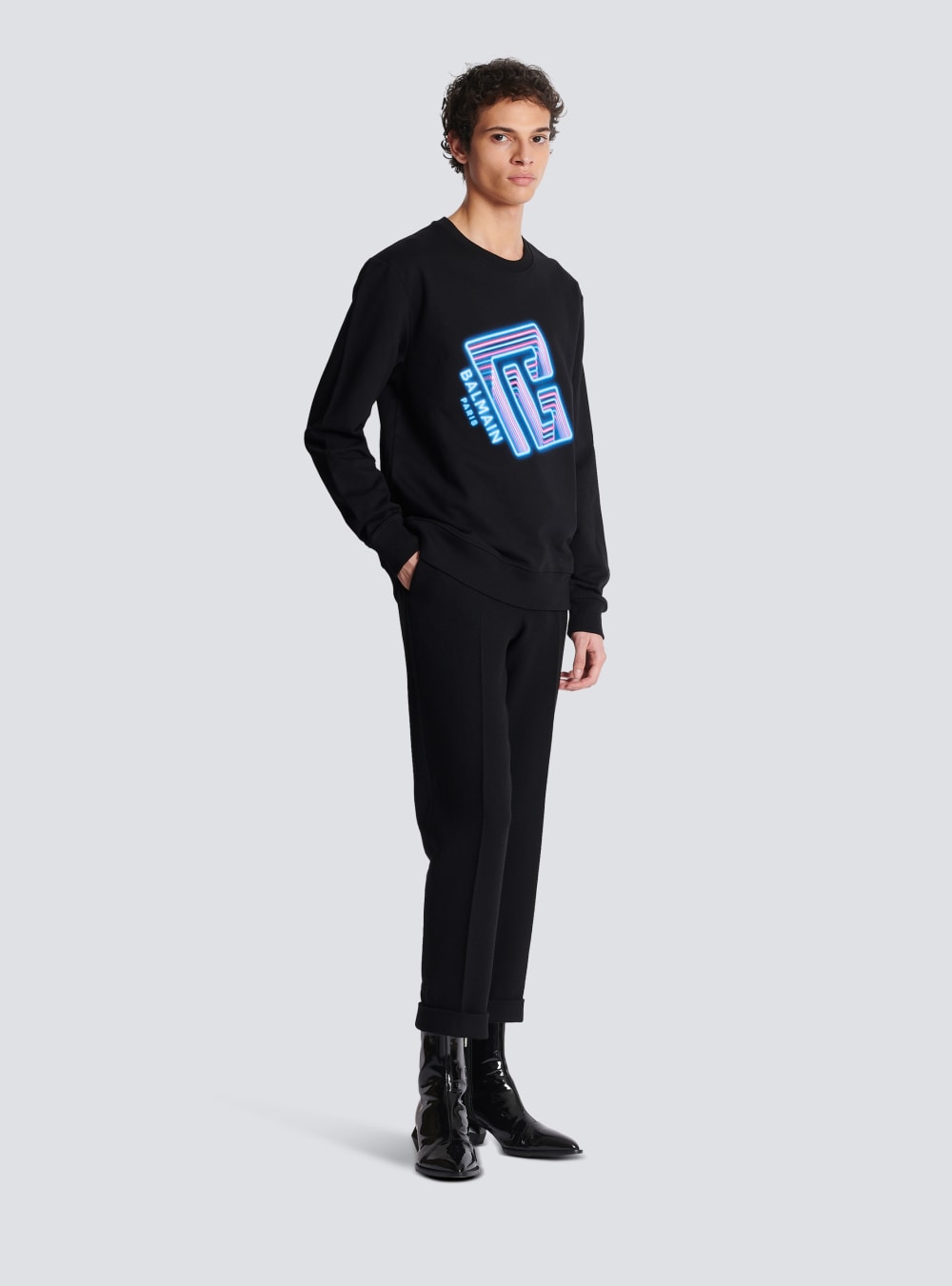 Men's Balmain Sweatshirt With Neon Printed Labyrinth Logo Sweatshirts Black | USA A8W551EV