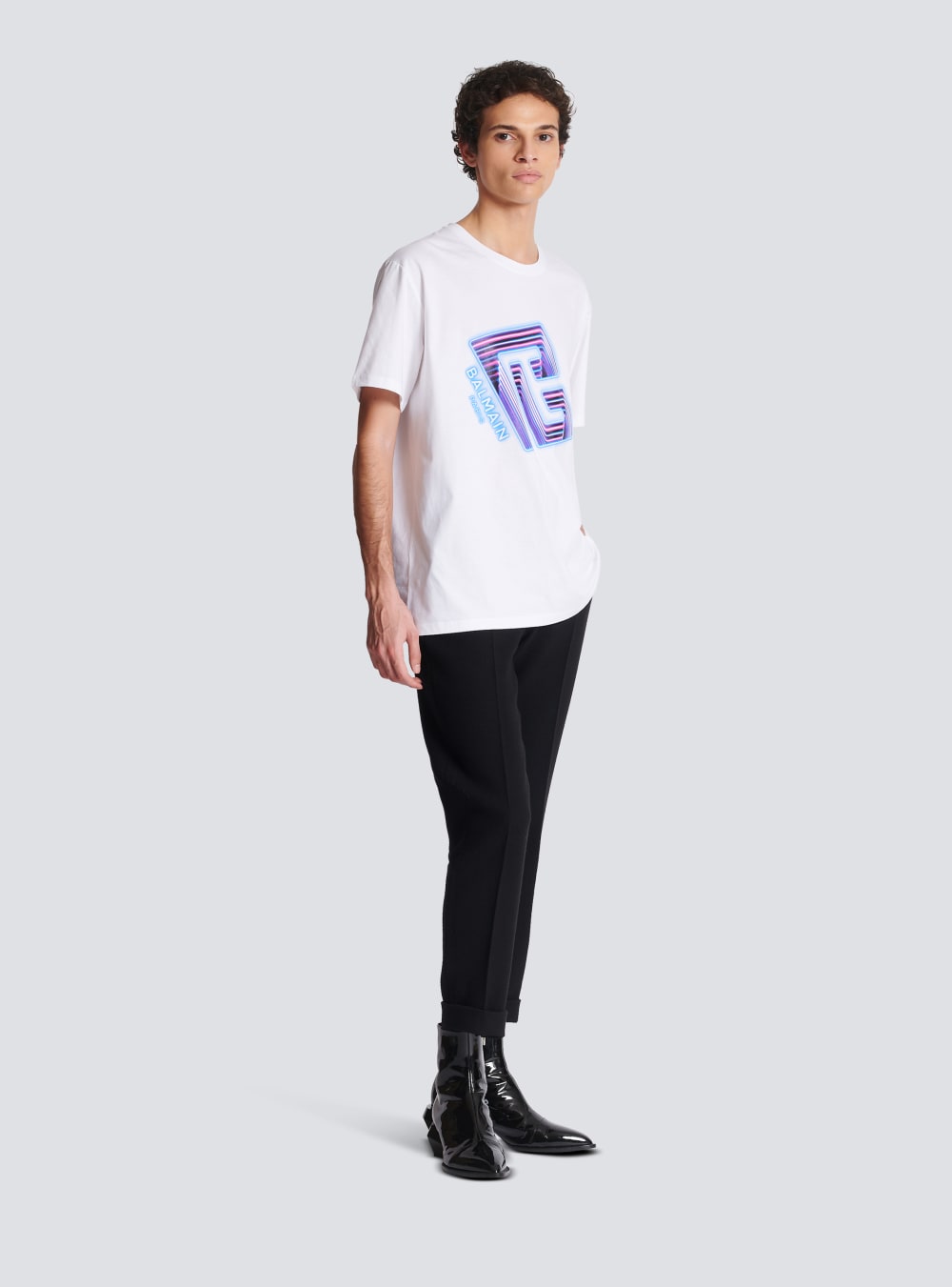 Men's Balmain T-shirt With Neon Printed Labyrinth Logo T Shirts White | USA ZYJTxxdz