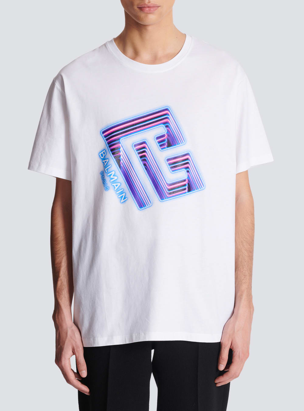 Men's Balmain T-shirt With Neon Printed Labyrinth Logo T Shirts White | USA ZYJTxxdz