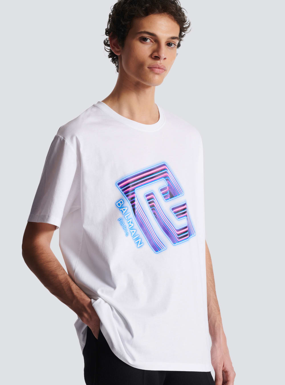 Men's Balmain T-shirt With Neon Printed Labyrinth Logo T Shirts White | USA ZYJTxxdz