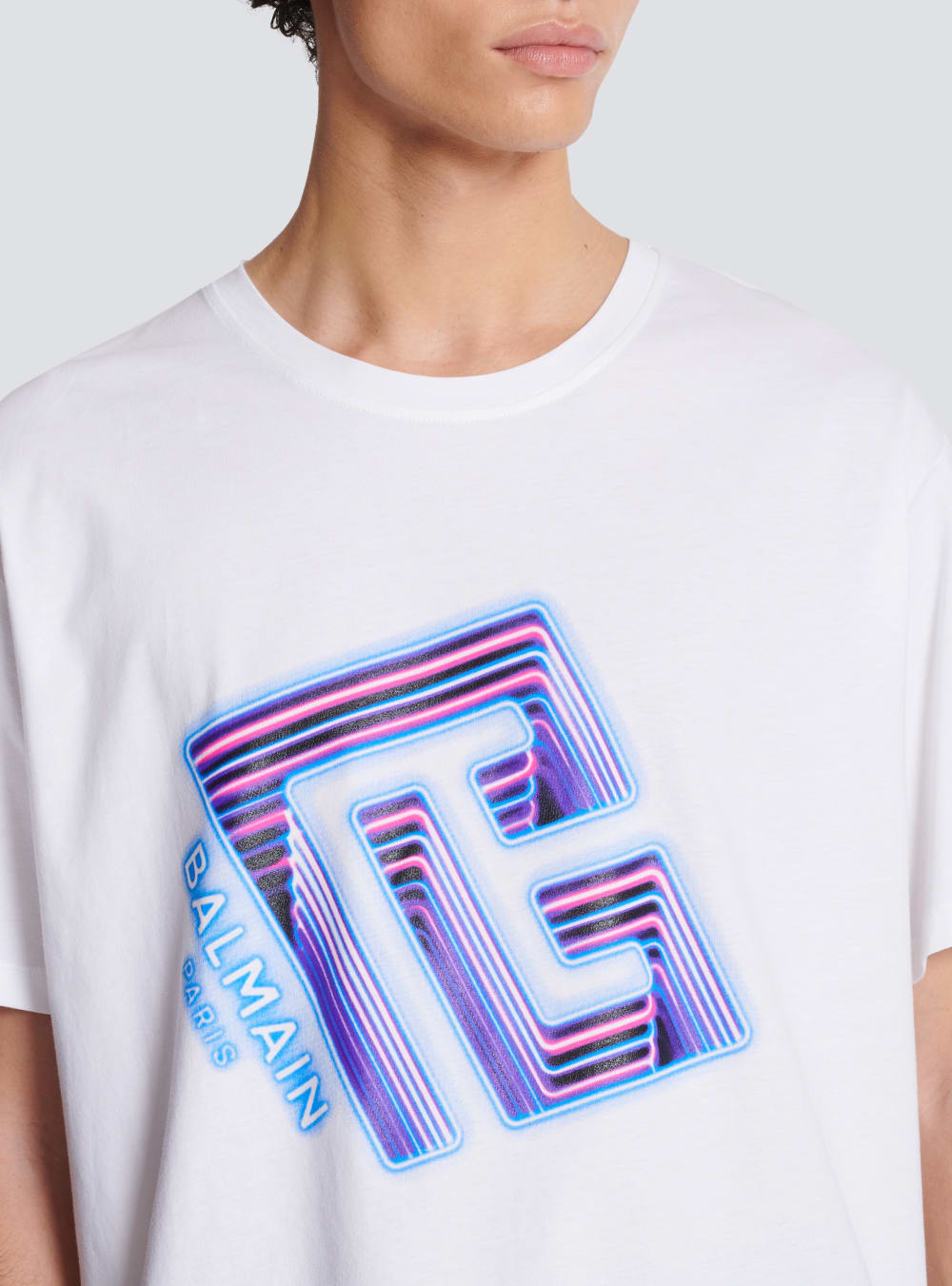 Men's Balmain T-shirt With Neon Printed Labyrinth Logo T Shirts White | USA ZYJTxxdz