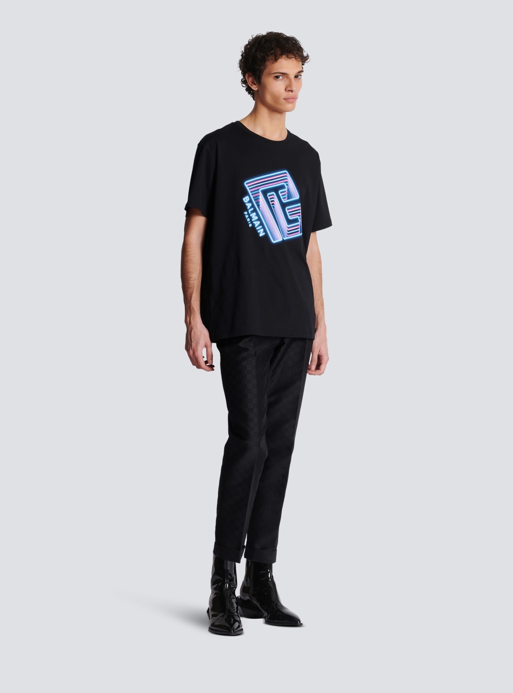 Men's Balmain T-shirt With Neon Printed Labyrinth Logo T Shirts Black | USA oSYiiYBS