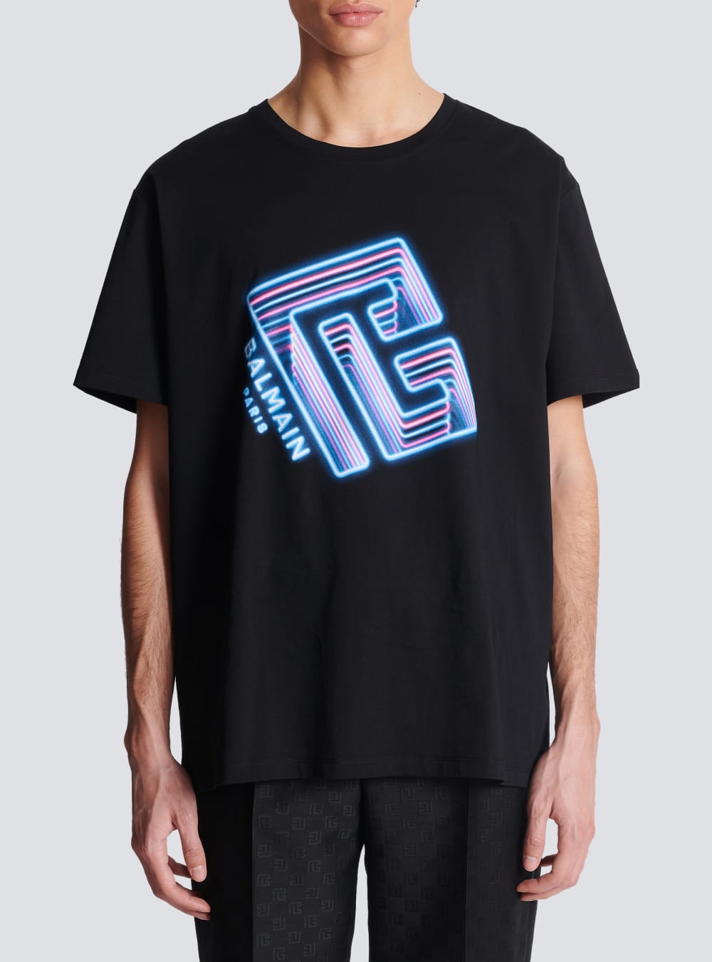 Men's Balmain T-shirt With Neon Printed Labyrinth Logo T Shirts Black | USA oSYiiYBS