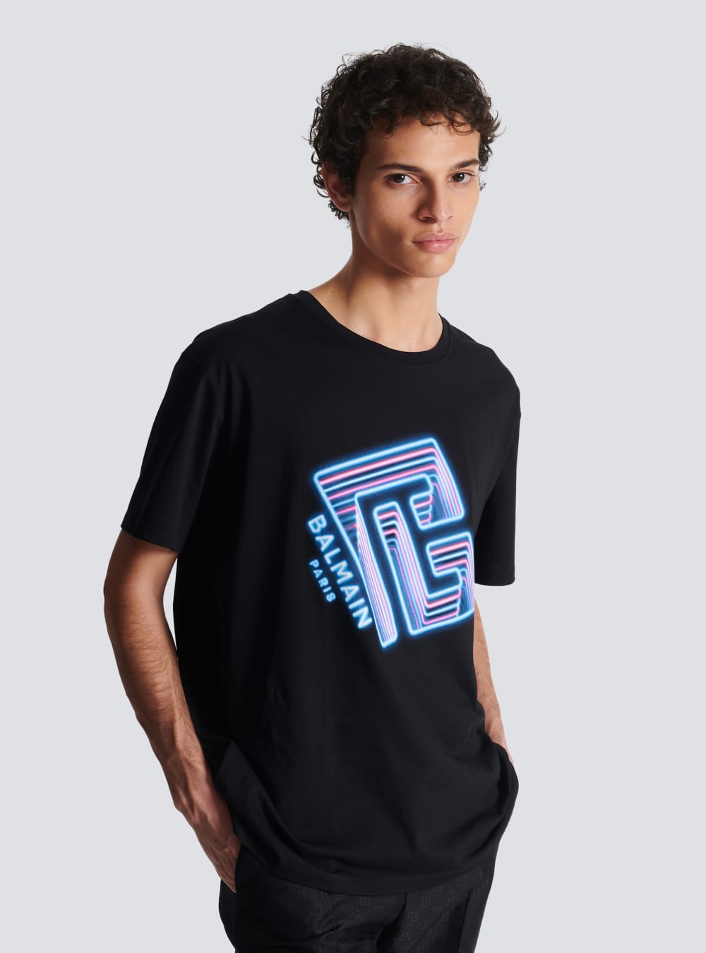 Men's Balmain T-shirt With Neon Printed Labyrinth Logo T Shirts Black | USA oSYiiYBS