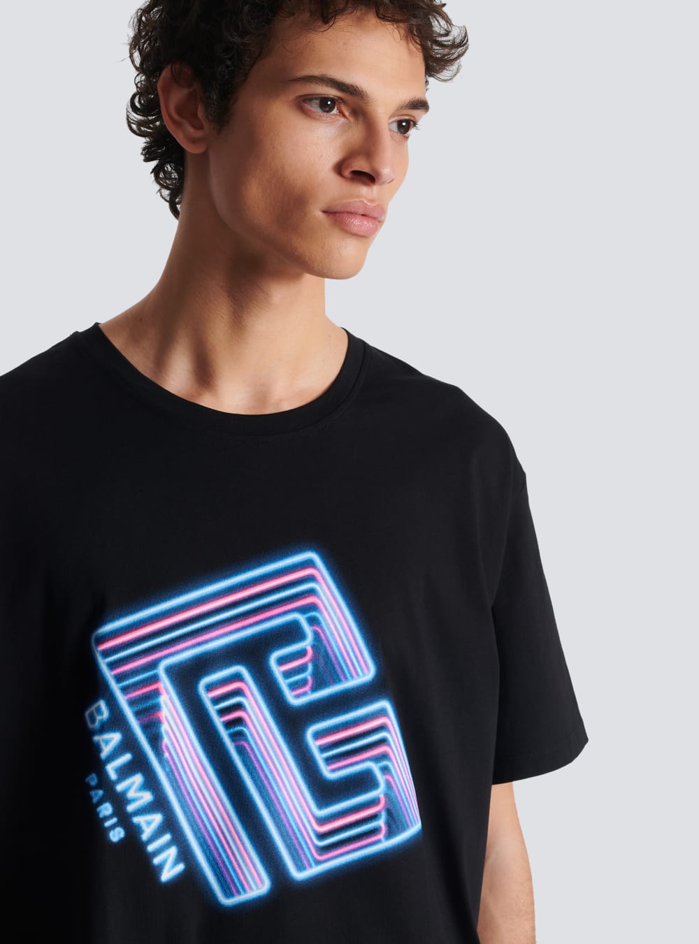 Men's Balmain T-shirt With Neon Printed Labyrinth Logo T Shirts Black | USA oSYiiYBS