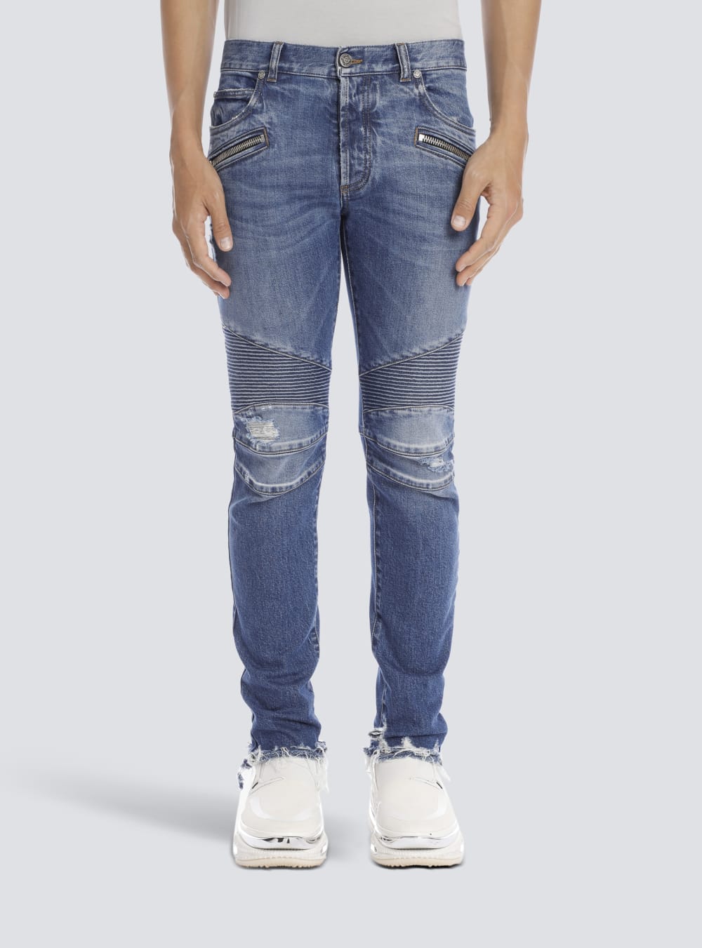 Men's Balmain Tapered Ripped Blue Cotton Jeans Blue | USA 6RARyRbv