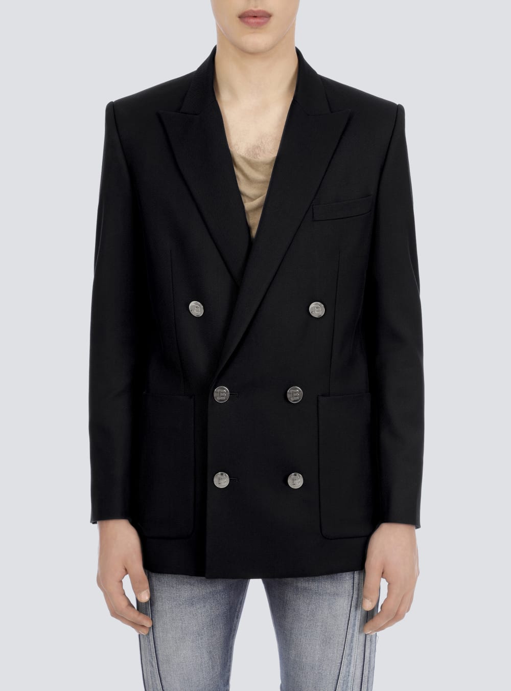 Men's Balmain Twill With Double-breasted Silver-tone Buttoned Fastening Blazers Black | USA JBOOqzcz