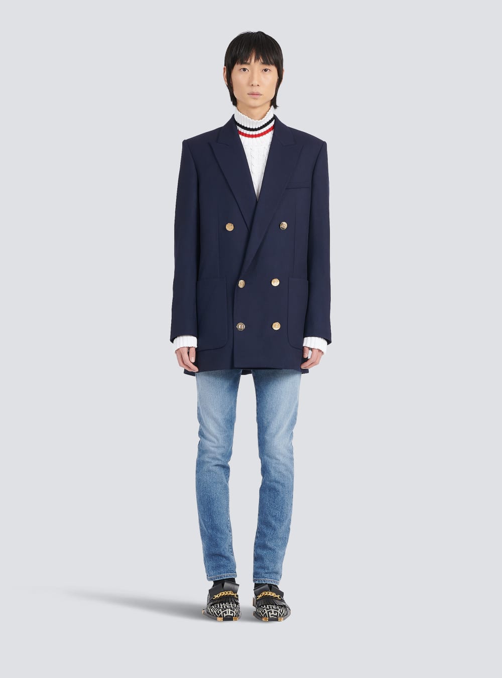 Men's Balmain Twill With Double-breasted Silver-tone Buttoned Fastening Blazers Navy | USA wsAVWGgw