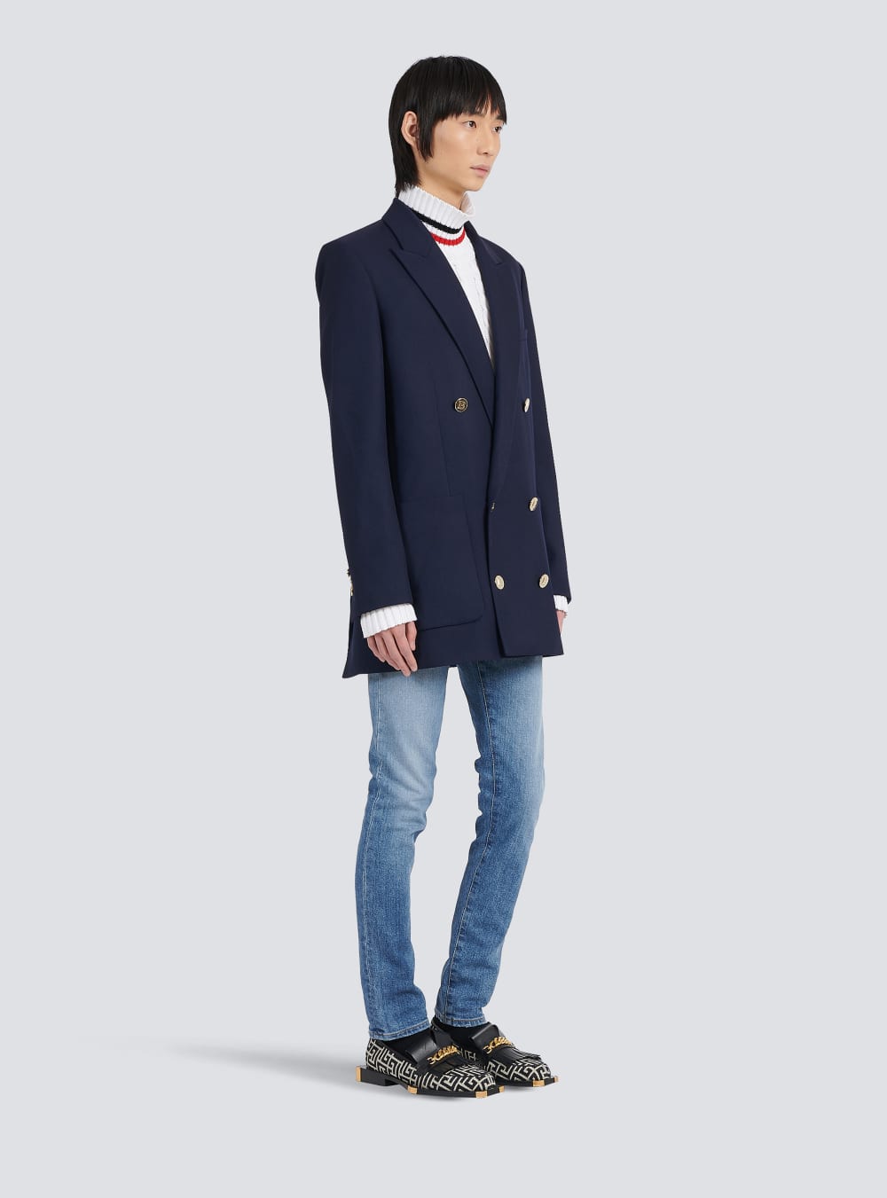 Men's Balmain Twill With Double-breasted Silver-tone Buttoned Fastening Blazers Navy | USA wsAVWGgw