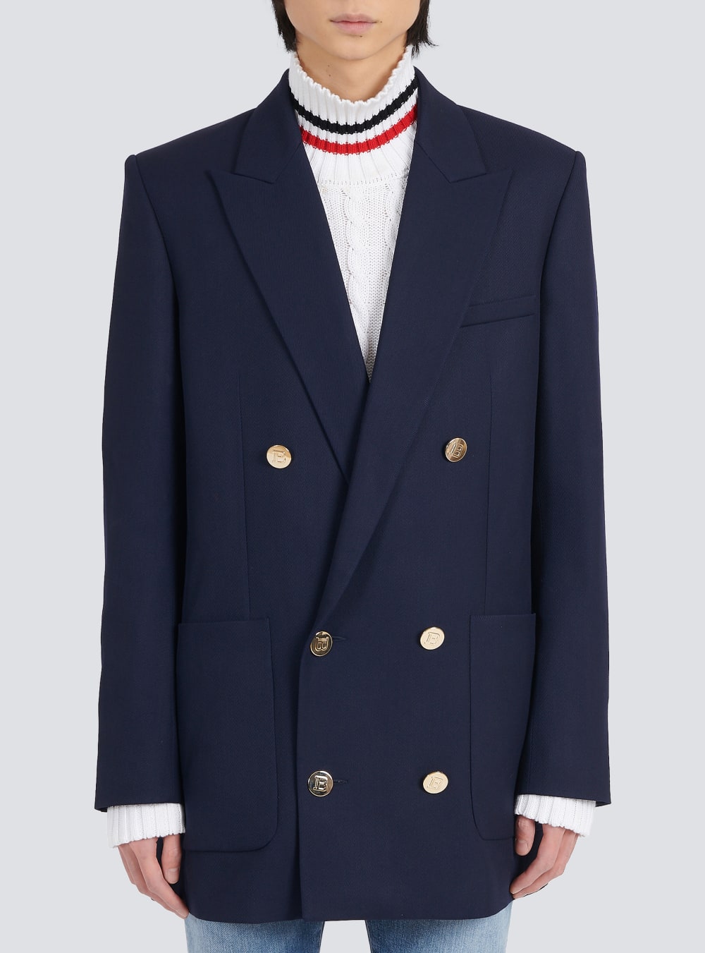 Men's Balmain Twill With Double-breasted Silver-tone Buttoned Fastening Blazers Navy | USA wsAVWGgw