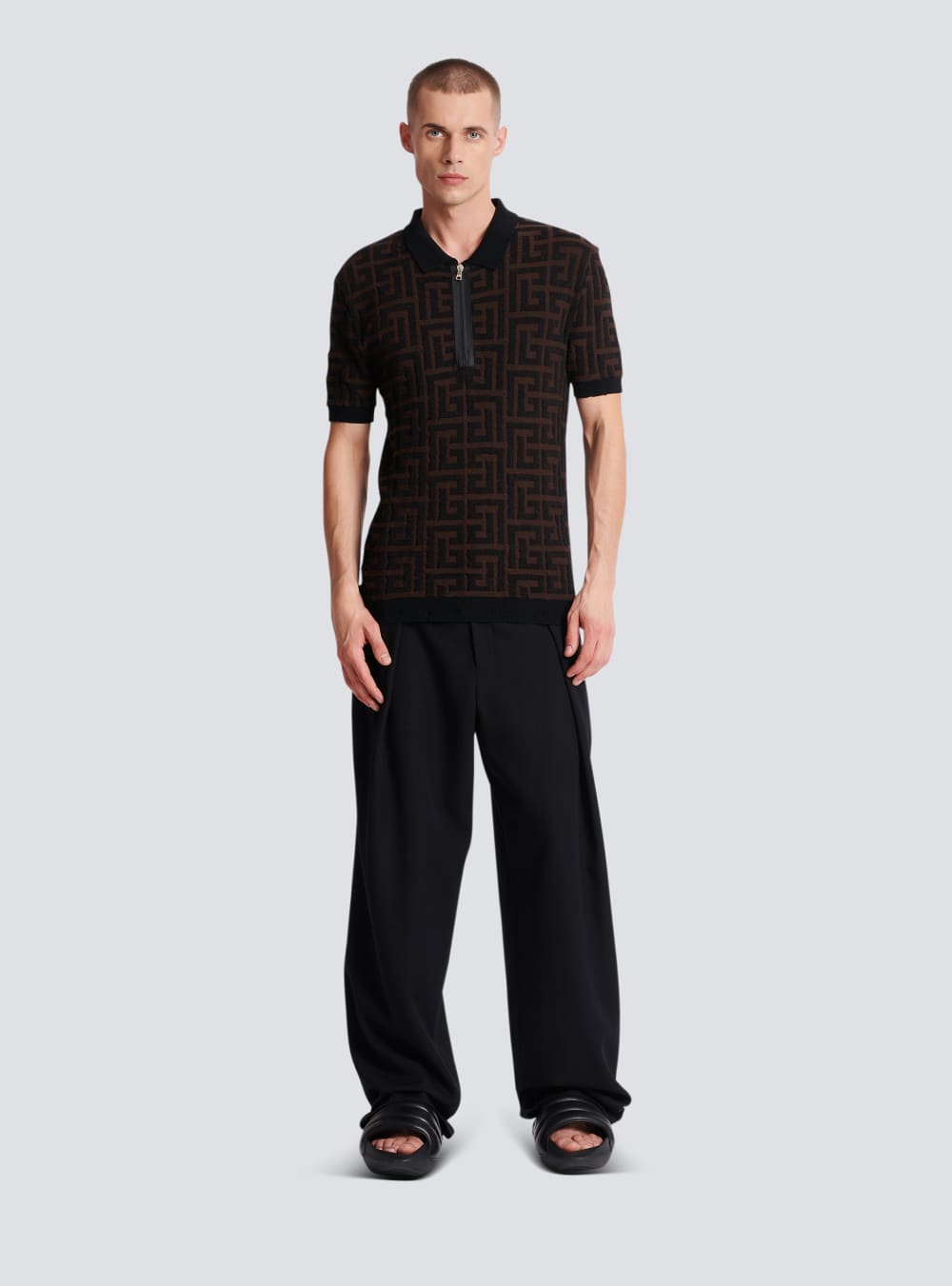 Men's Balmain Unstructured Knitted Polo With Maxi Monogram Shirts Brown | USA GRkSlgMd