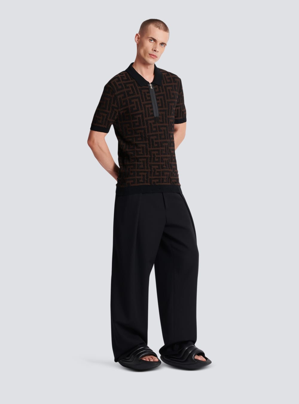 Men's Balmain Unstructured Knitted Polo With Maxi Monogram Shirts Brown | USA GRkSlgMd