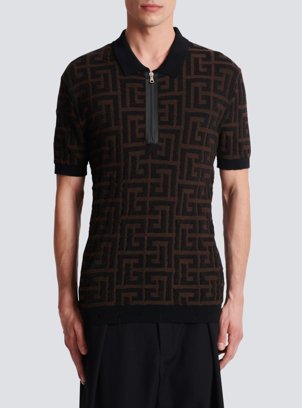 Men's Balmain Unstructured Knitted Polo With Maxi Monogram Shirts Brown | USA GRkSlgMd