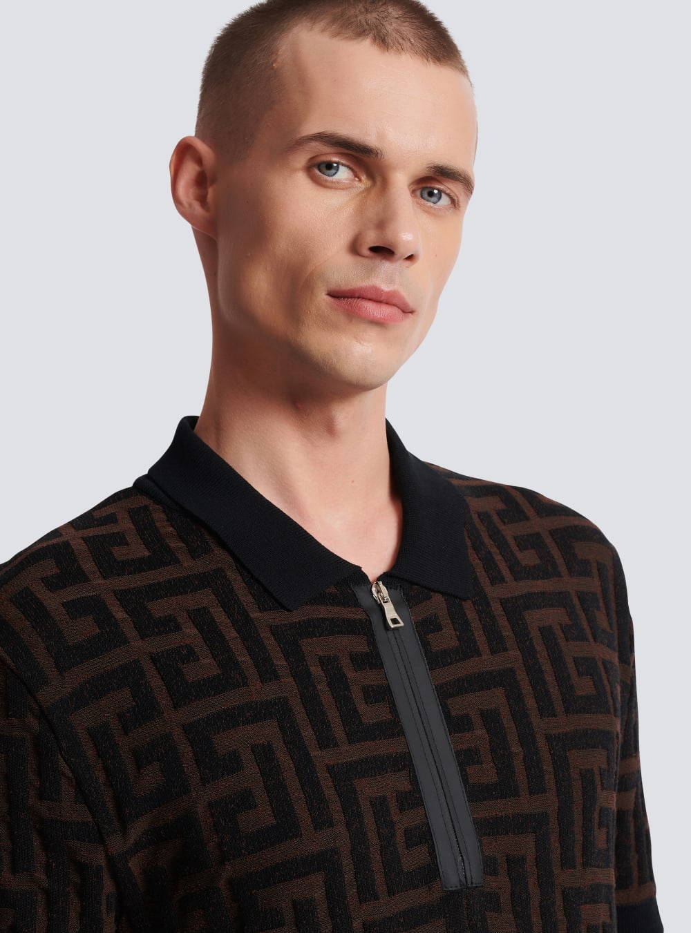 Men's Balmain Unstructured Knitted Polo With Maxi Monogram Shirts Brown | USA GRkSlgMd