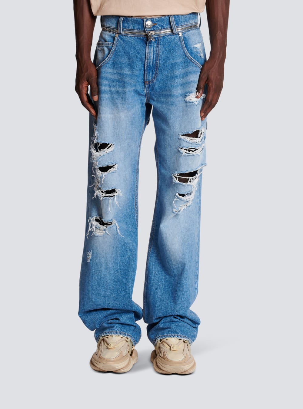 Men's Balmain Wide-leg Cotton Jeans Blue | USA ZezoEOAX