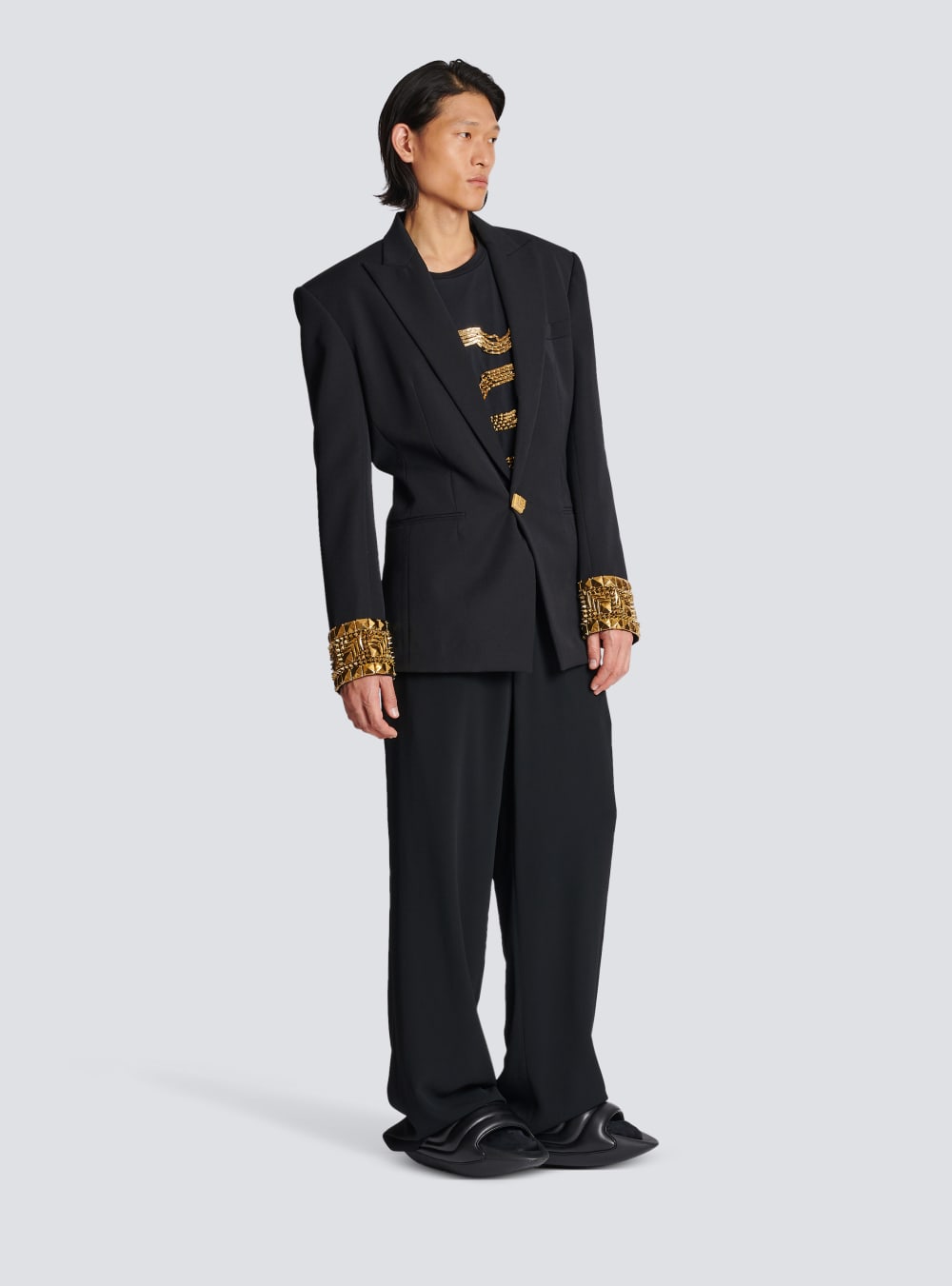 Men's Balmain Wool Embroidered With Pyramid Studs Blazers Black | USA YJ4Lax15